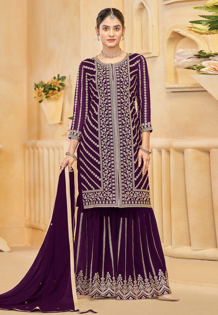 Wine Faux Georgette Embroidered Gharara Suit