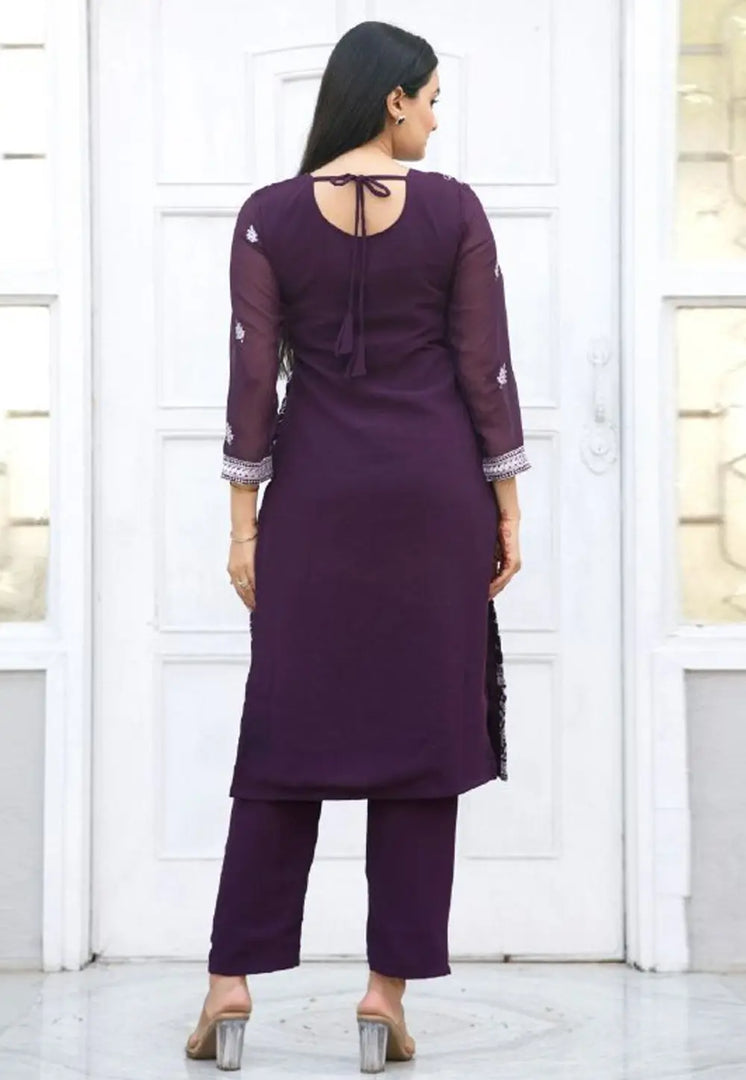 Wine Faux Georgette Kurta Set With Pent