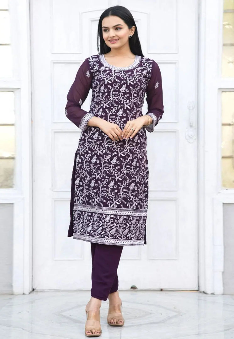Wine Faux Georgette Kurta Set With Pent