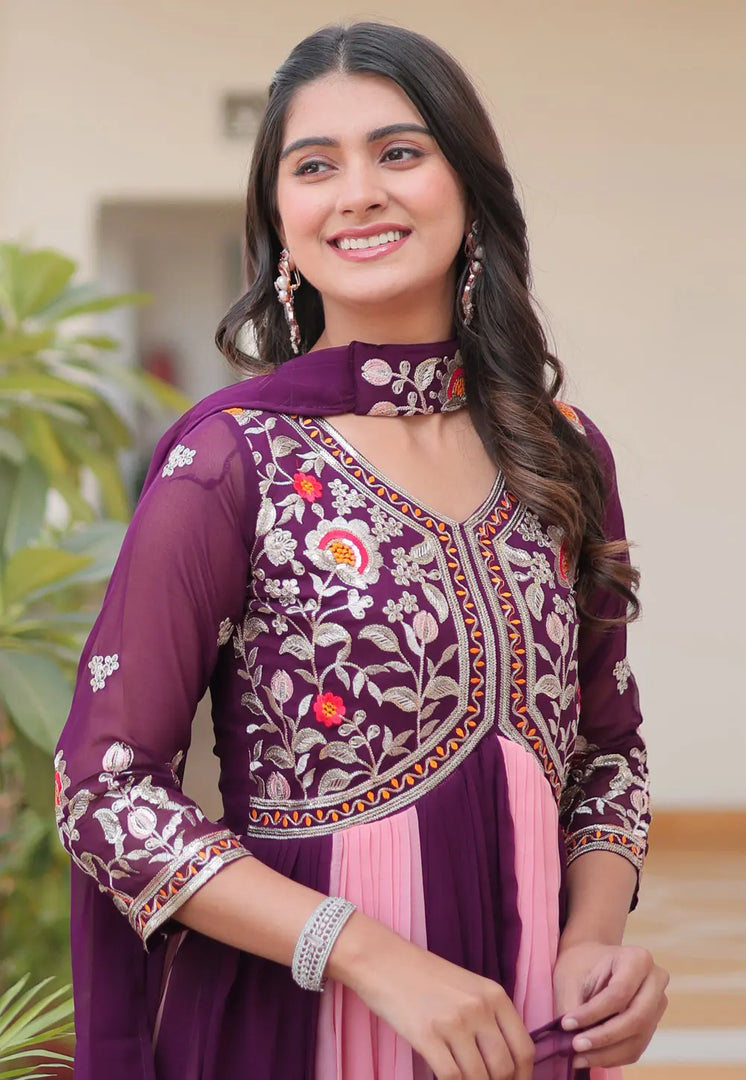 Wine Faux Georgette Readymade Anarkali Suit