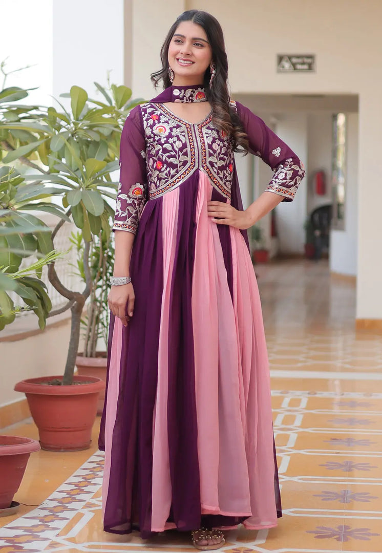 Wine Faux Georgette Readymade Anarkali Suit