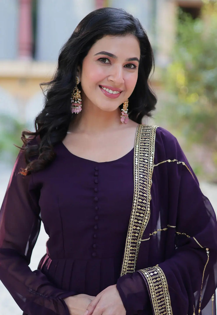 Wine Faux Georgette Readymade Anarkali Suit