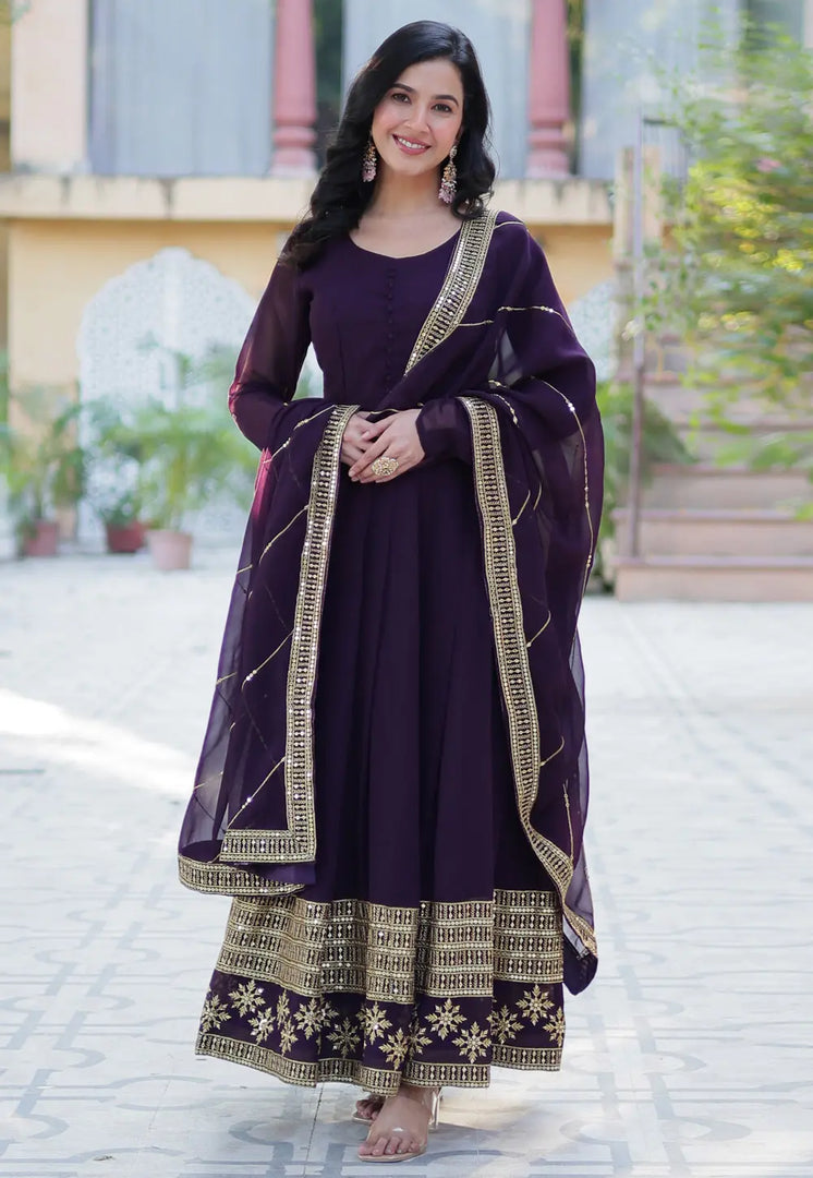 Wine Faux Georgette Readymade Anarkali Suit