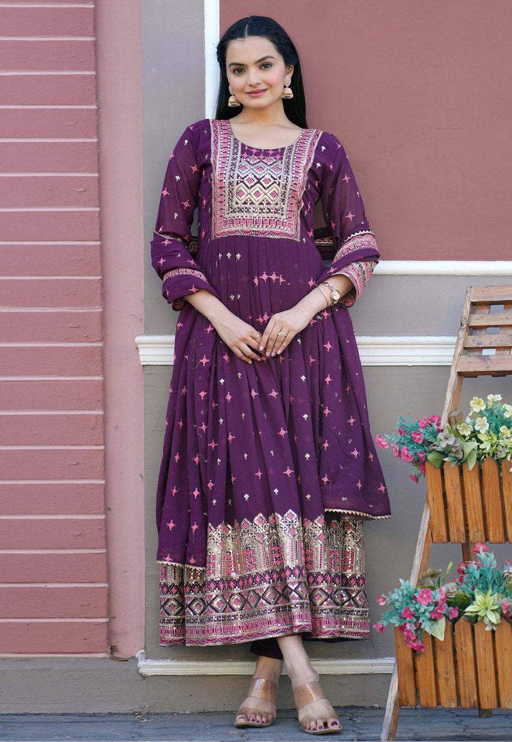 Wine Faux Georgette Readymade Anarkali Suit