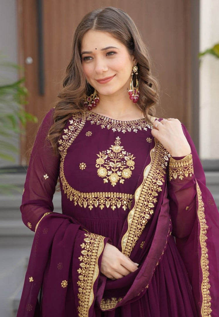Wine Faux Georgette Readymade Anarkali Suit