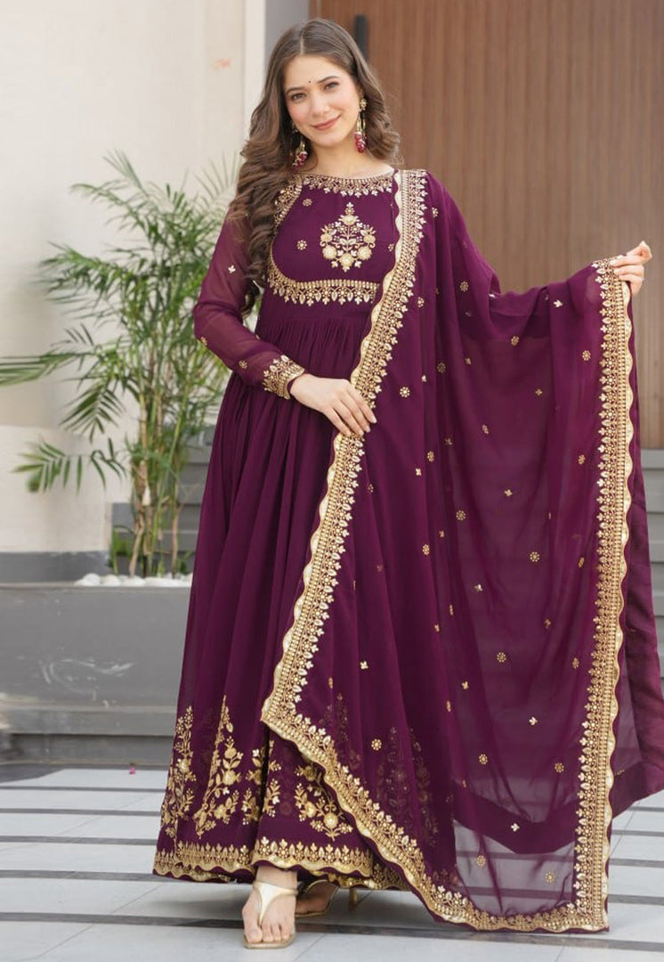 Wine Faux Georgette Readymade Anarkali Suit