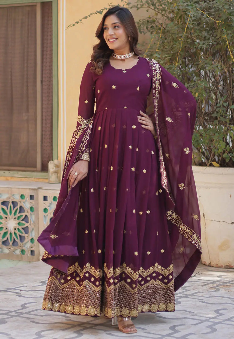 Wine Faux Georgette Readymade Anarkali Suit