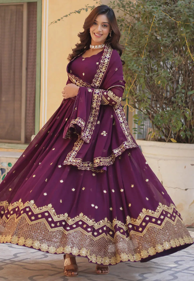 Wine Faux Georgette Readymade Anarkali Suit