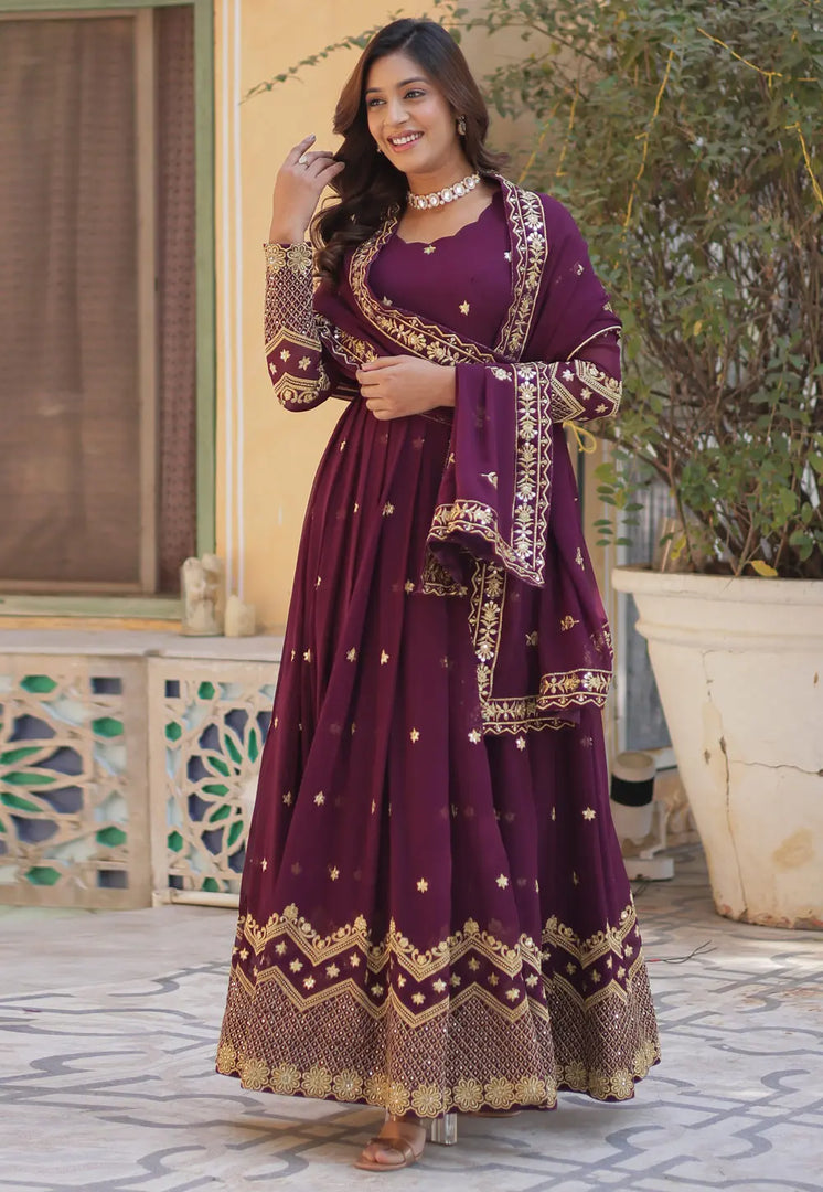 Wine Faux Georgette Readymade Anarkali Suit