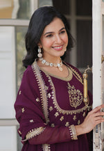 Load image into Gallery viewer, Wine Faux Georgette Readymade Long Anarkali Suit
