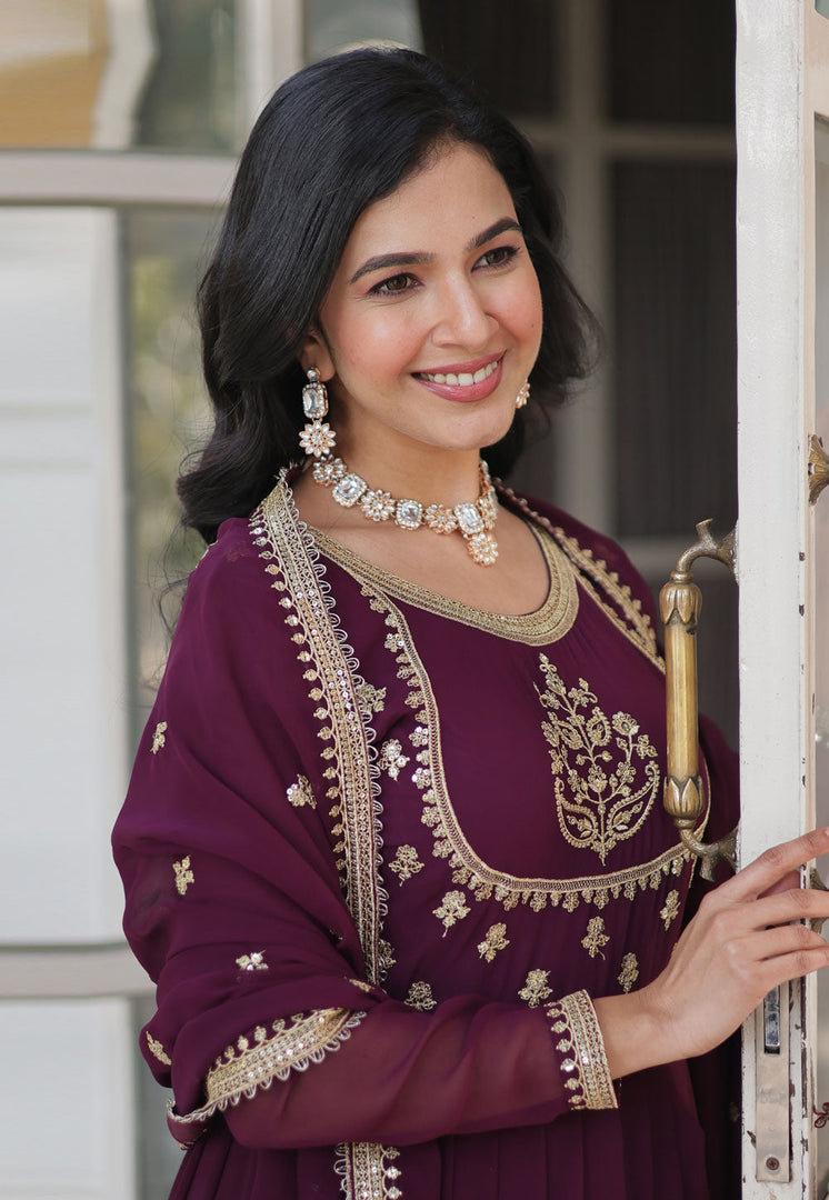 Wine Faux Georgette Readymade Long Anarkali Suit