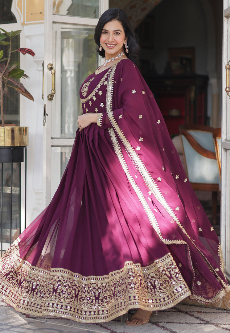 Wine Faux Georgette Readymade Long Anarkali Suit