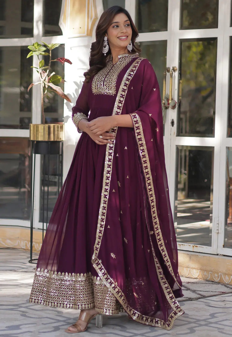 Wine Faux Georgette Readymade Long Anarkali Suit