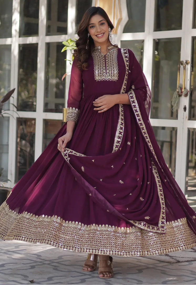 Wine Faux Georgette Readymade Long Anarkali Suit