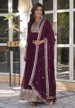 Load image into Gallery viewer, Wine Faux Georgette Readymade Long Anarkali Suit
