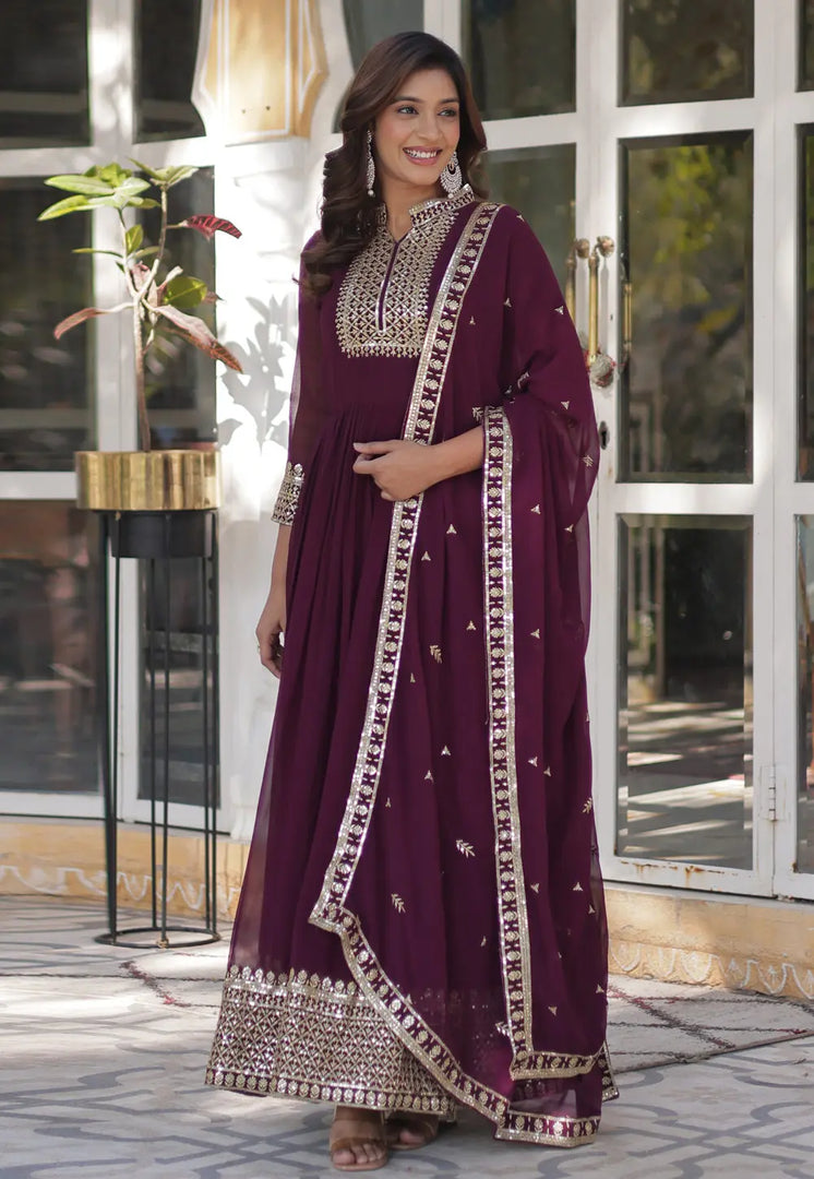 Wine Faux Georgette Readymade Long Anarkali Suit