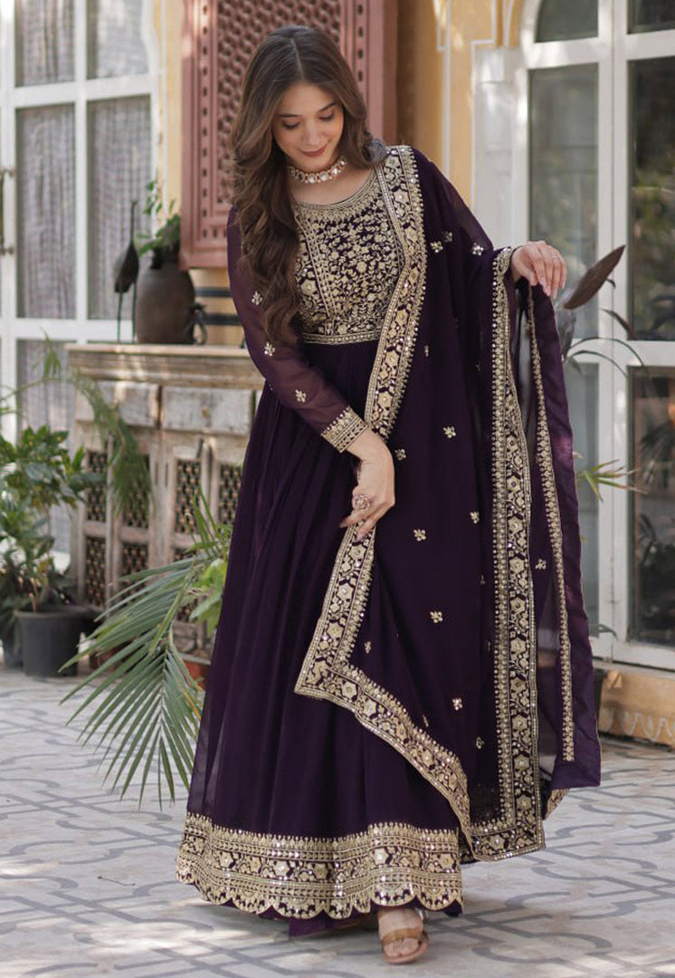 Wine Faux Georgette Readymade Long Anarkali Suit