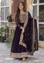 Load image into Gallery viewer, Wine Faux Georgette Readymade Long Anarkali Suit
