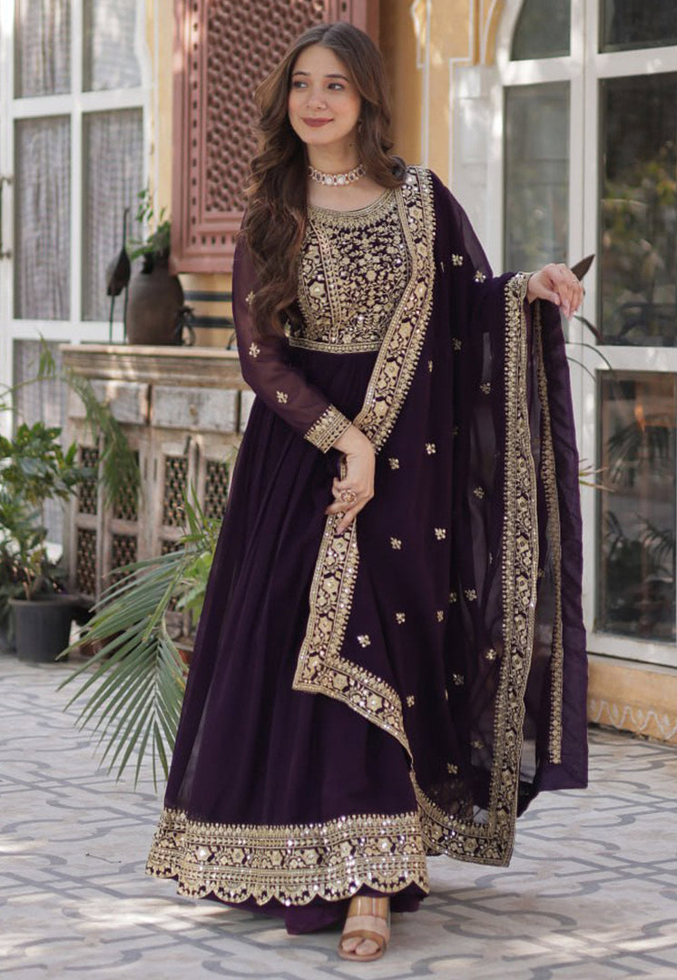 Wine Faux Georgette Readymade Long Anarkali Suit