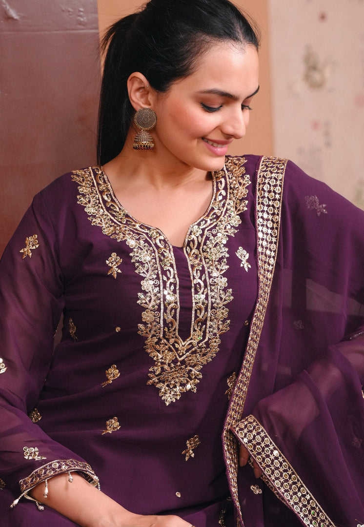 Wine Faux Georgette Readymade Pakistani Suit