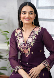 Wine Faux Georgette Readymade Pant Style Suit