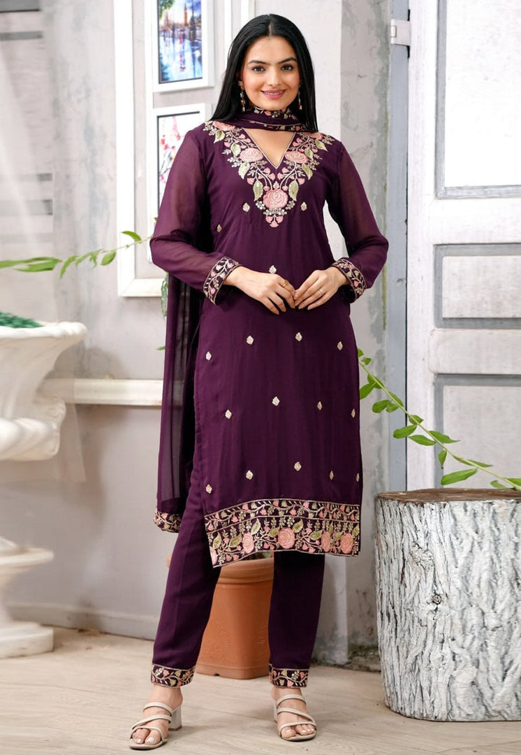 Wine Faux Georgette Readymade Pant Style Suit