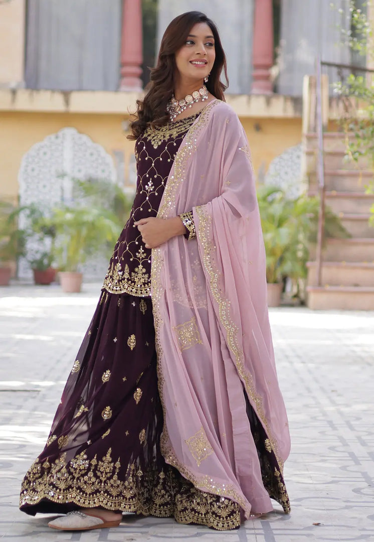 Wine Faux Georgette Readymade Sharara Suit