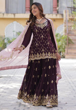 Load image into Gallery viewer, Wine Faux Georgette Readymade Sharara Suit

