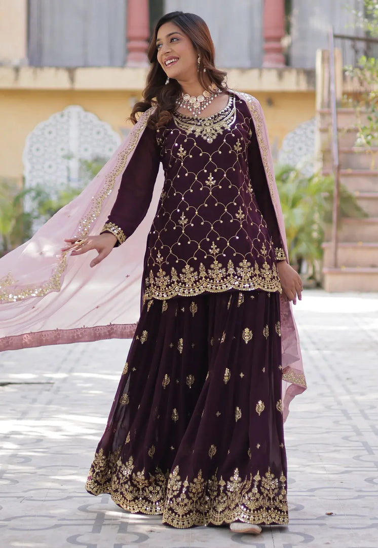 Wine Faux Georgette Readymade Sharara Suit