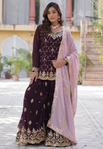 Load image into Gallery viewer, Wine Faux Georgette Readymade Sharara Suit
