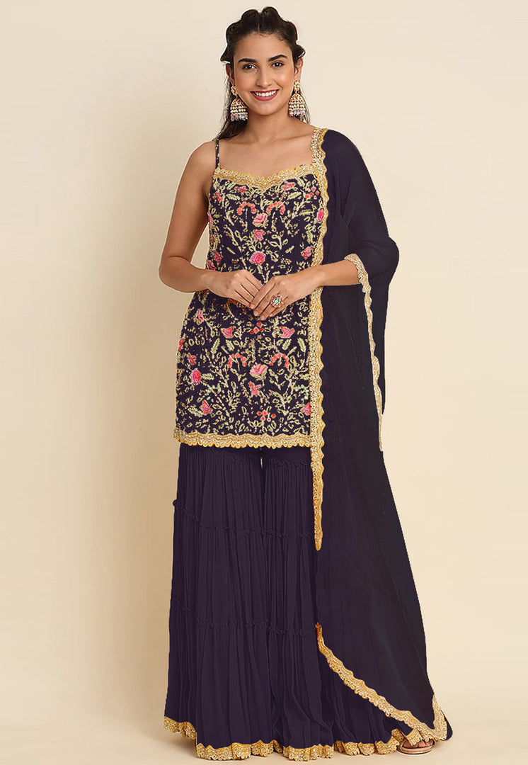Wine Faux Georgette Sharara Suit