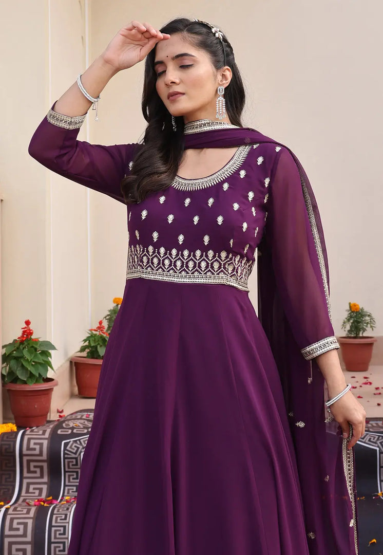 Wine Georgette Long Anarkali Suit