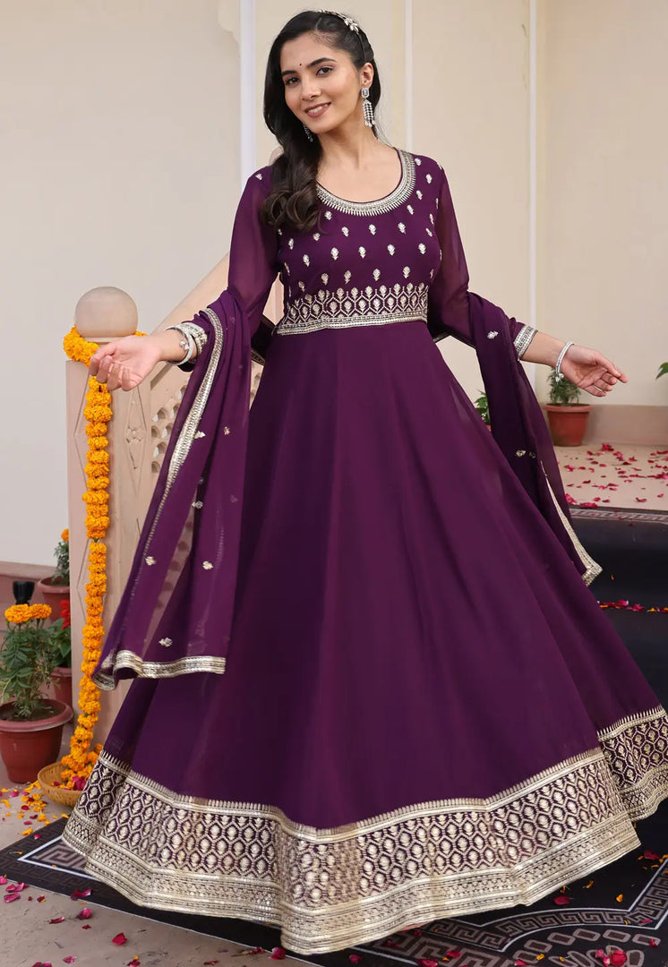 Wine Georgette Long Anarkali Suit