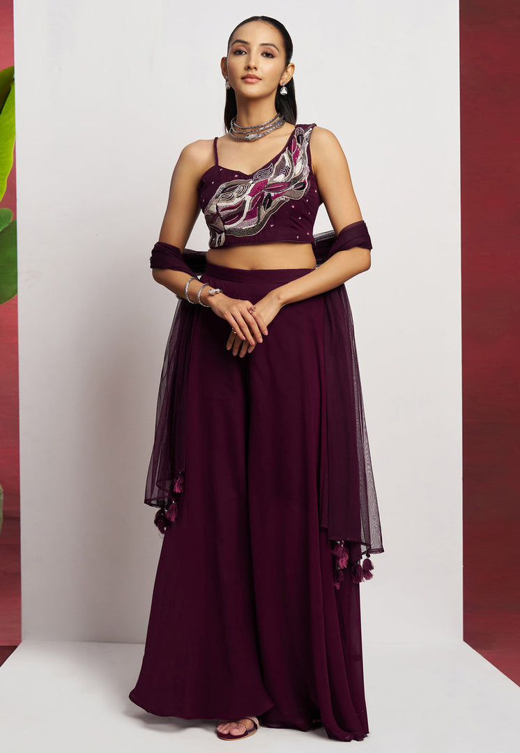 Wine Georgette Palazzo With Crop Top