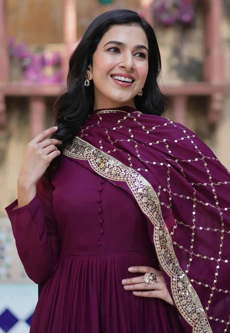 Wine Georgette Readymade Long Anarkali Suit