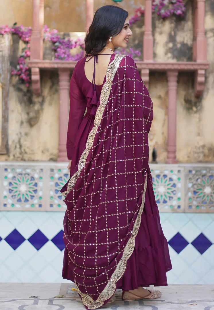 Wine Georgette Readymade Long Anarkali Suit