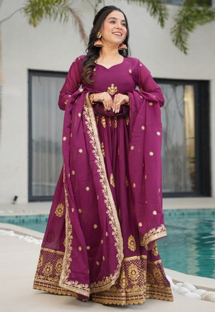 Wine Georgette Readymade Long Anarkali Suit