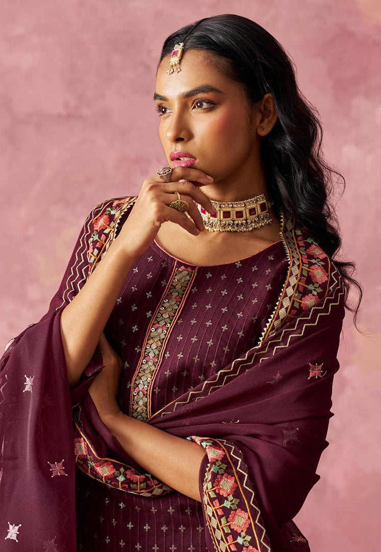 Wine Georgette Readymade Pant Style Suit