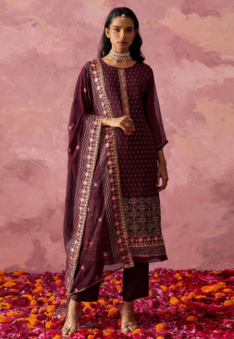 Wine Georgette Readymade Pant Style Suit