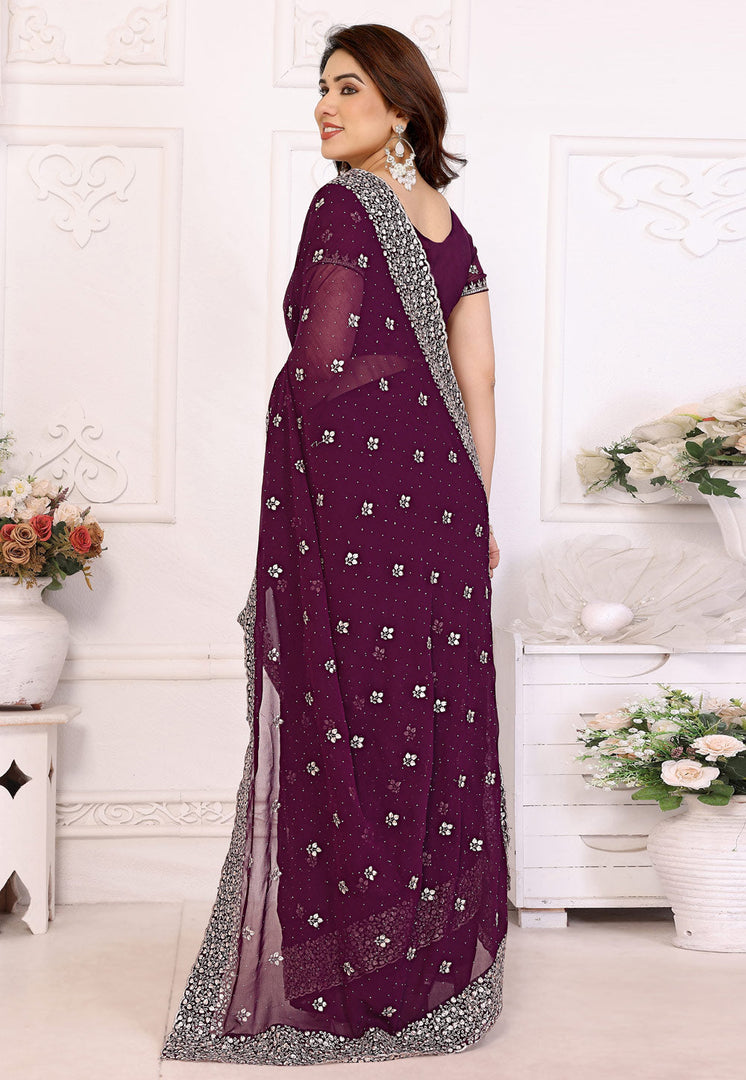 Wine Georgette Saree With Blouse