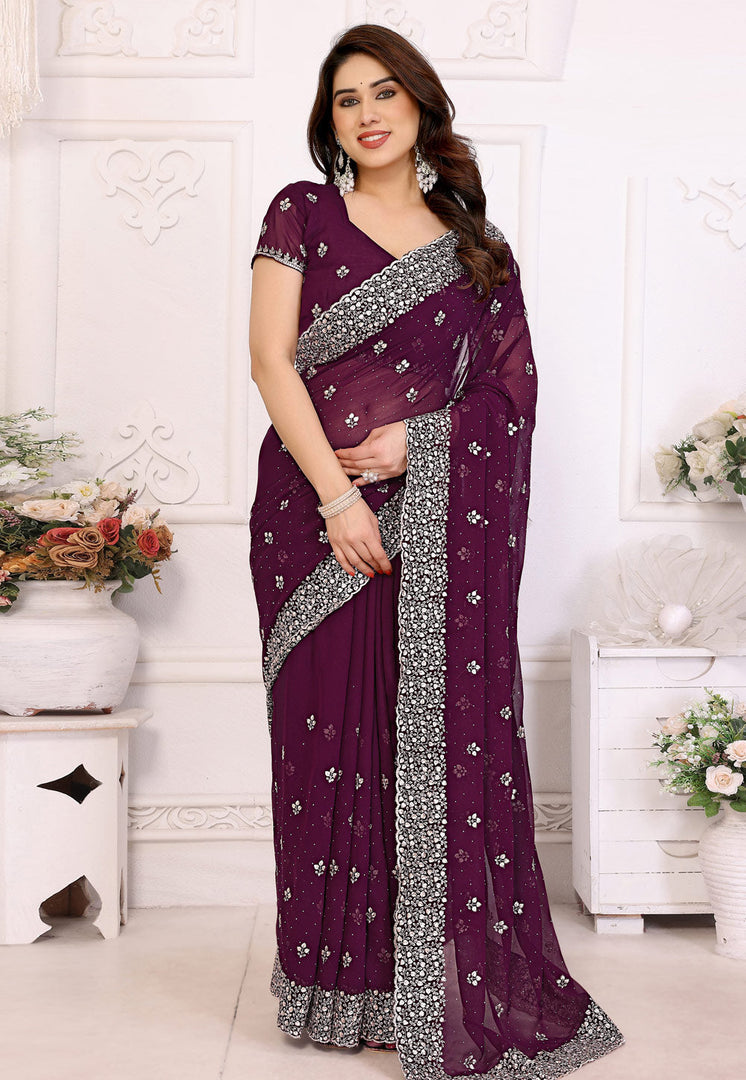 Wine Georgette Saree With Blouse