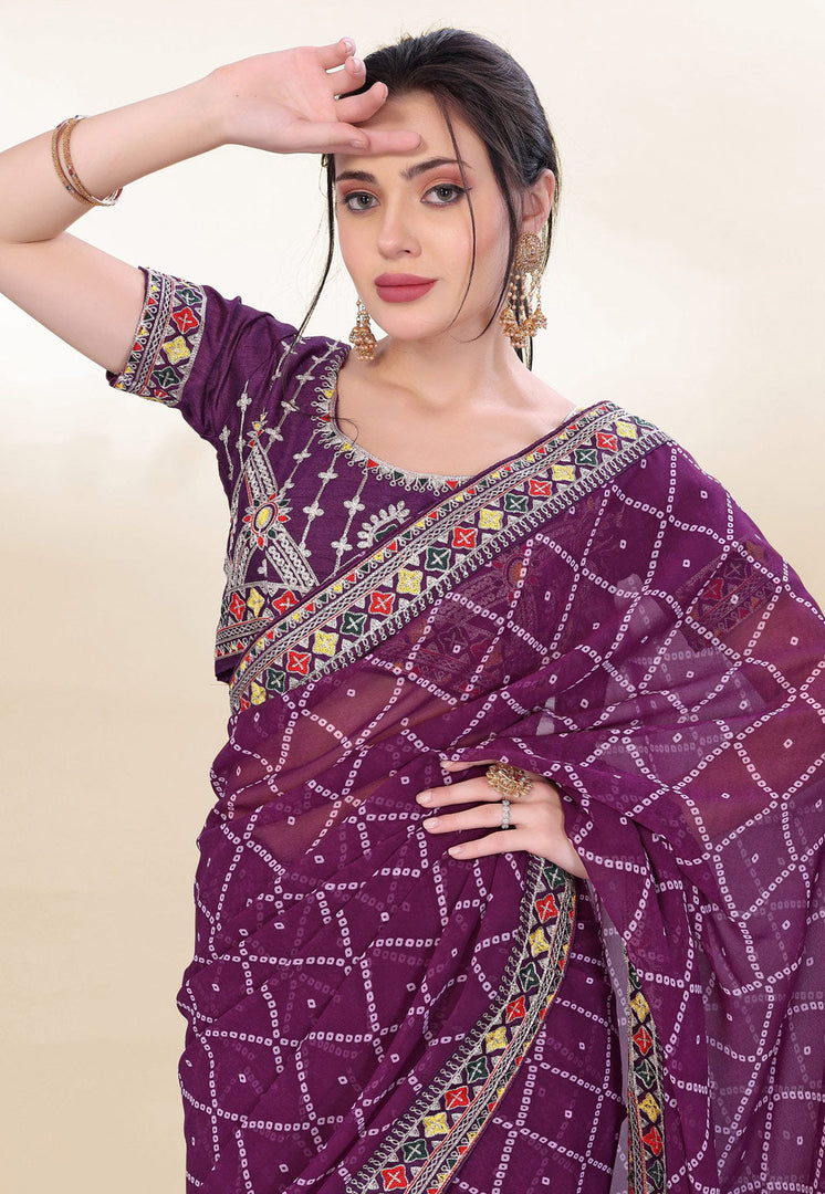 Wine Georgette Saree With Blouse
