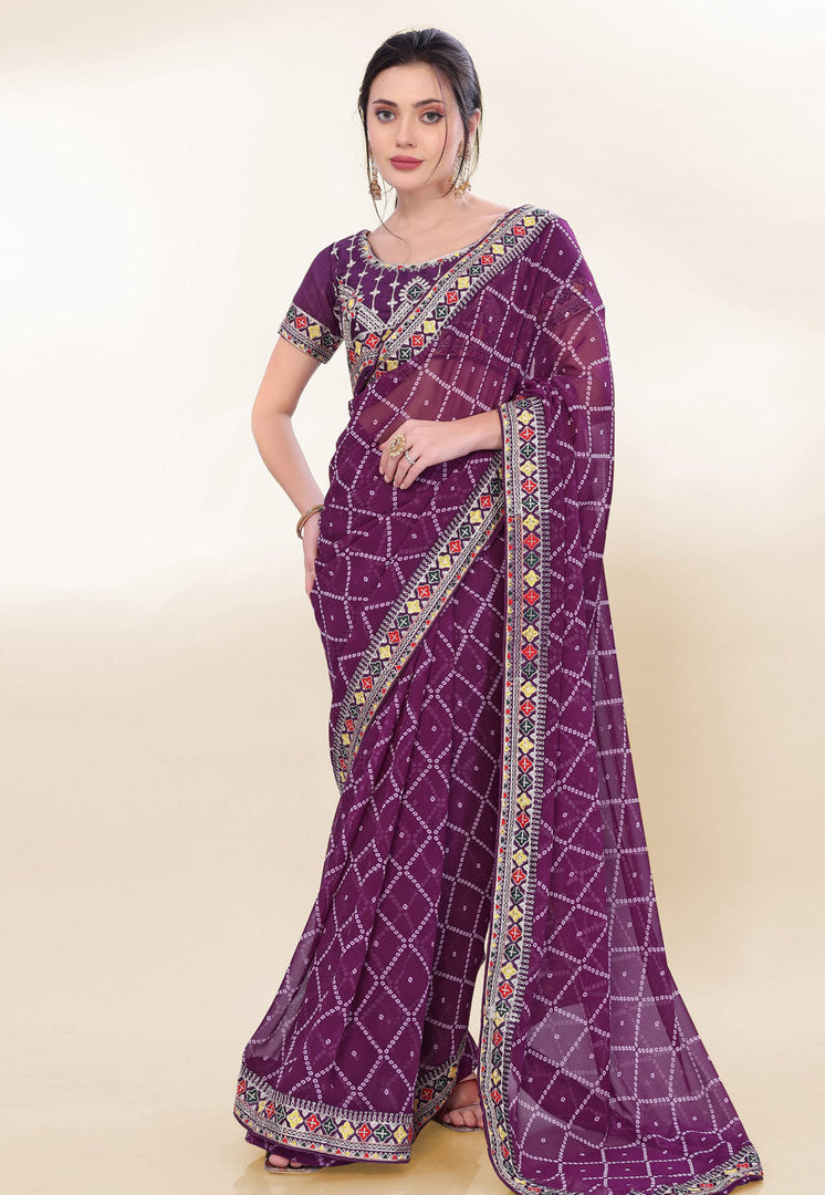 Wine Georgette Saree With Blouse