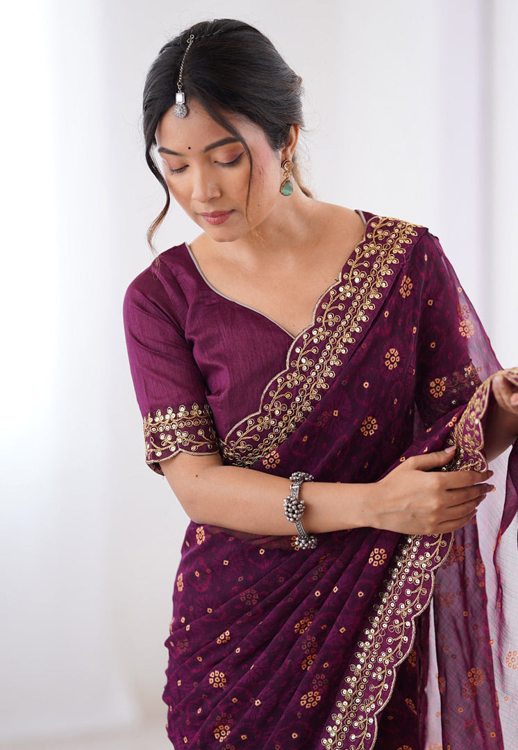 Wine Georgette Saree With Blouse