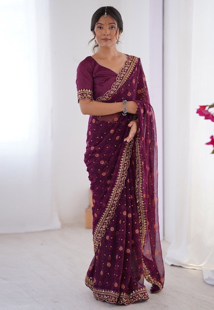 Wine Georgette Saree With Blouse