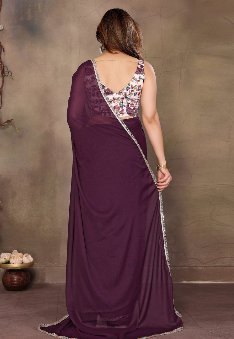 Wine Georgette Saree With Blouse
