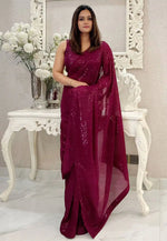 Load image into Gallery viewer, Wine Georgette Sequence Saree