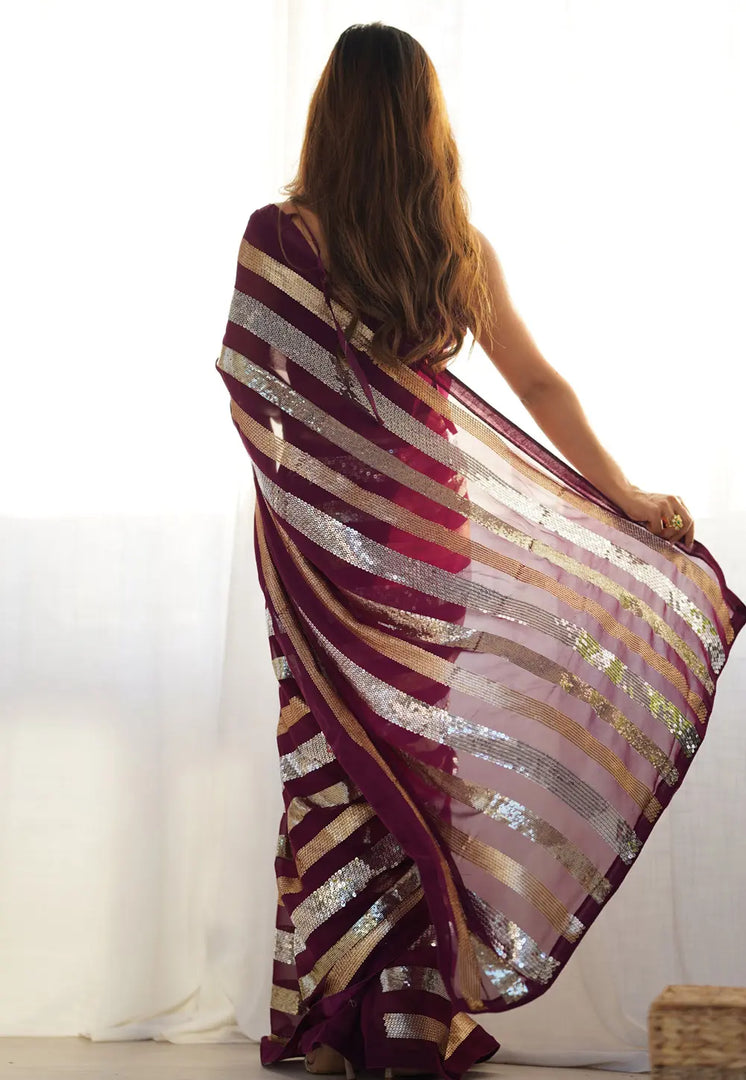 Wine Georgette Sequence Saree