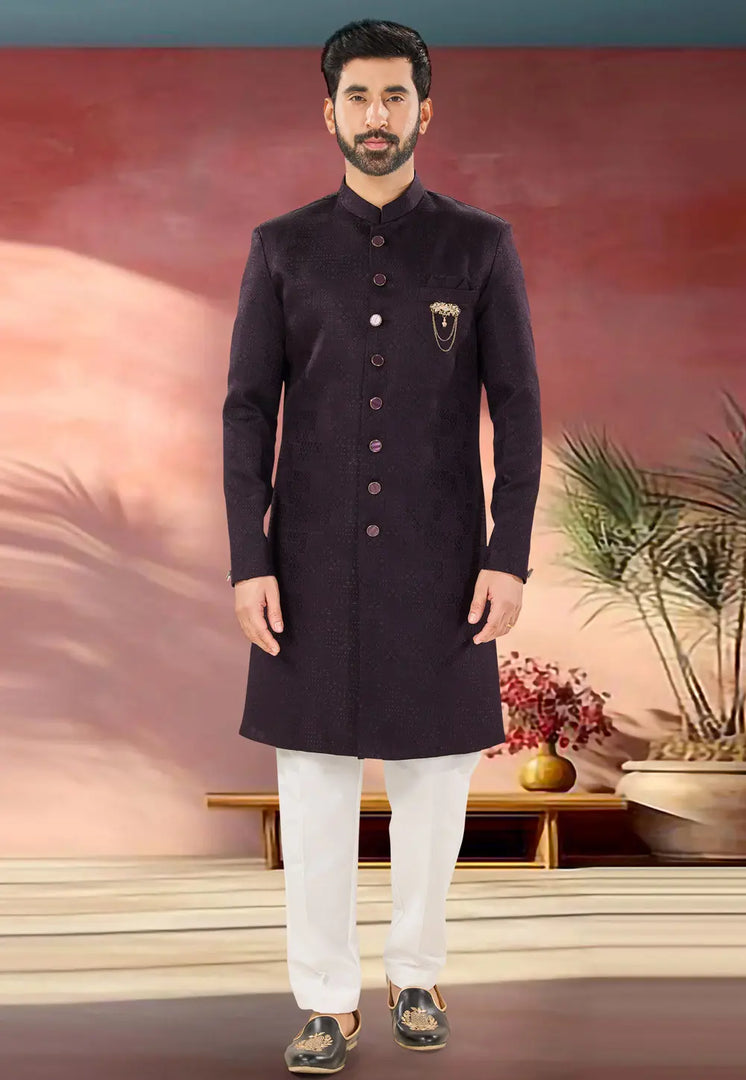 Wine Jacquard Indo Western Suit