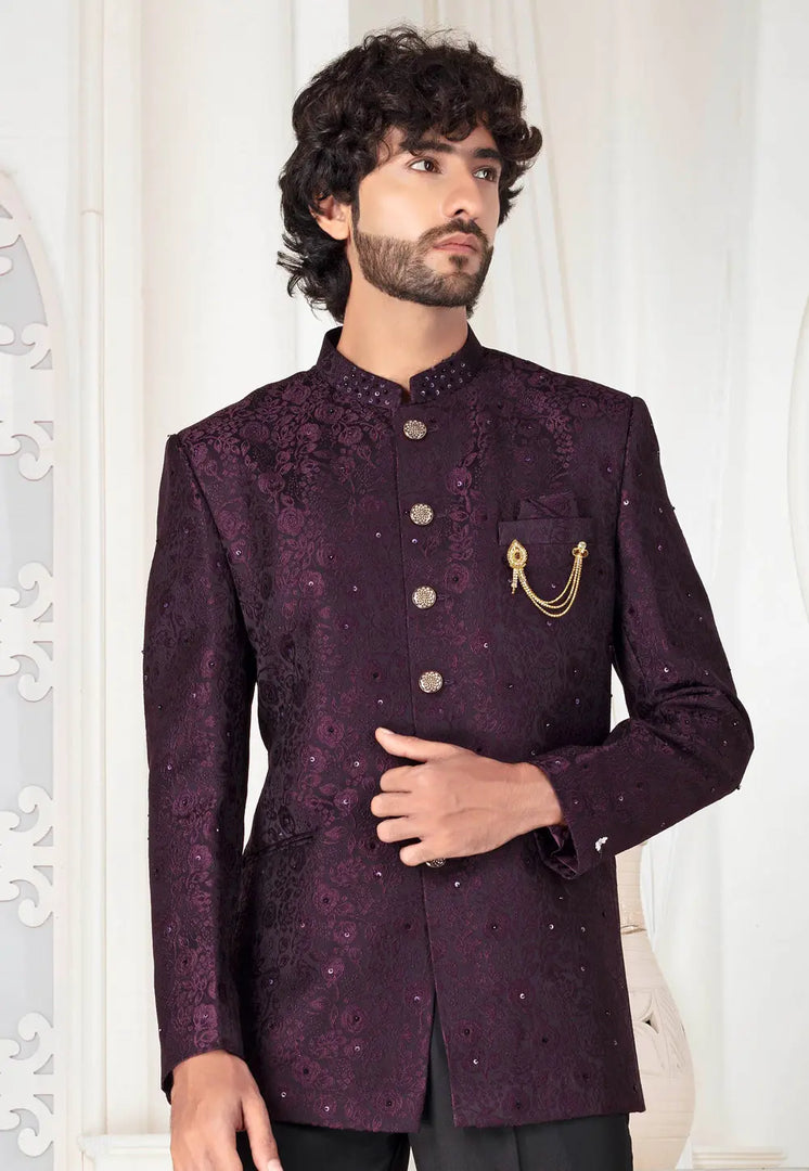 Wine Jacquard Jodhpuri Suit
